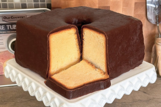 Mile High Pound Cake with Boiled Chocolate Icing