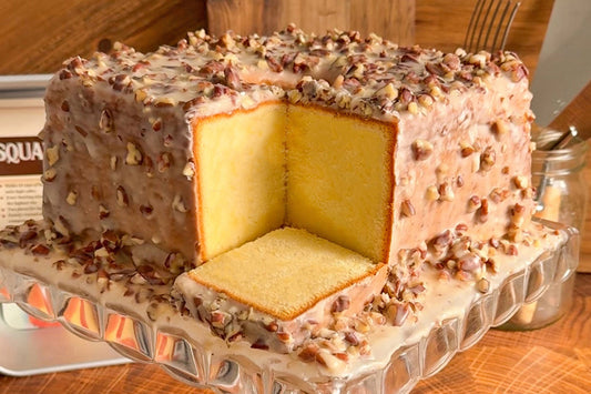 Mile High Cream Cheese Pound Cake with Vanilla Pecan Glaze