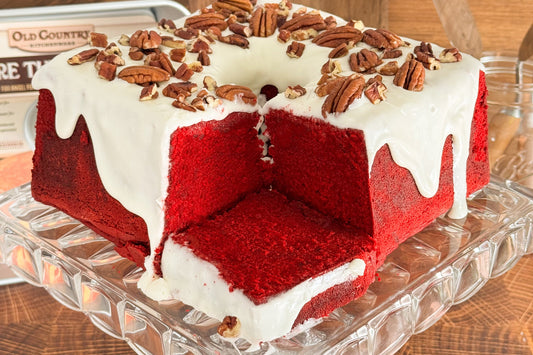 Mile High Red Velvet Pound Cake with Pecans