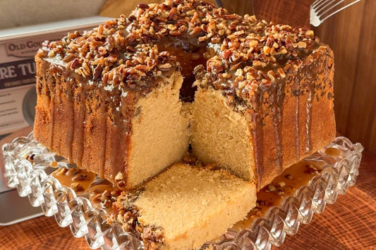 Mile High Sweet Potato Pound Cake with Sticky Pecan Caramel