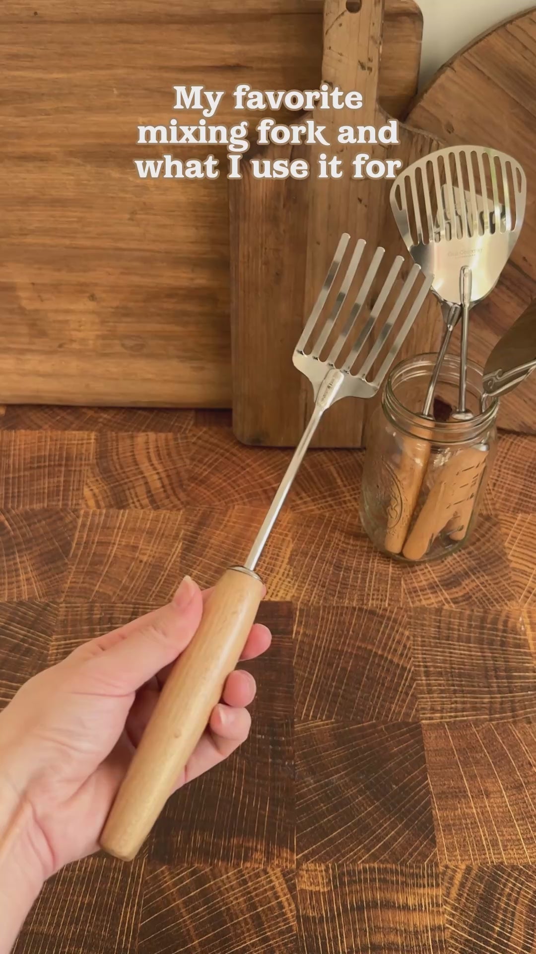 A video showing uses for a metal mixing fork with wooden handle.
